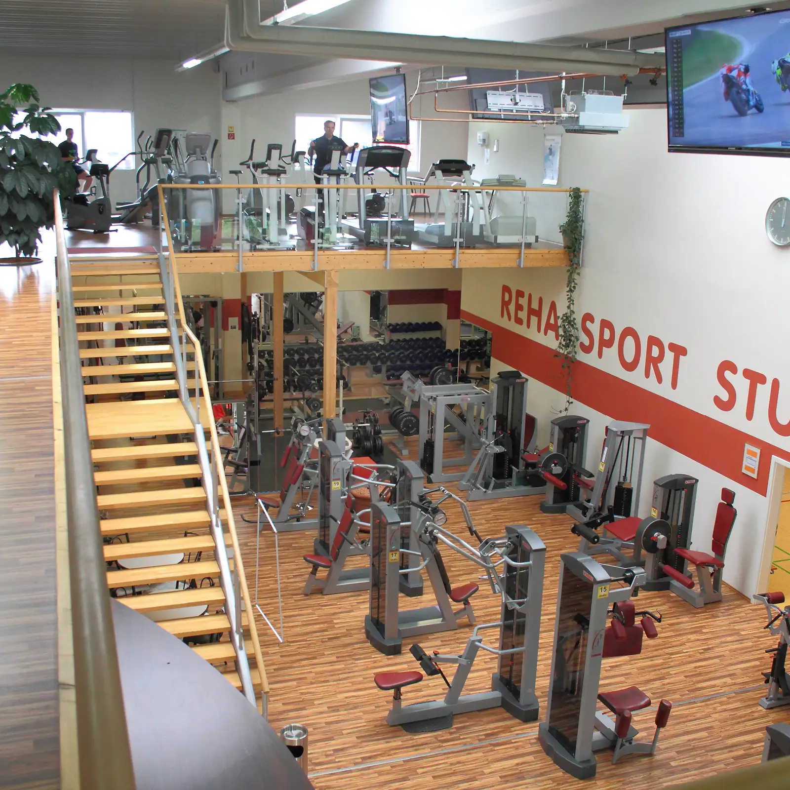 Innenansicht des Studios mit verschiedenen Trainingsgeräten auf Holzboden